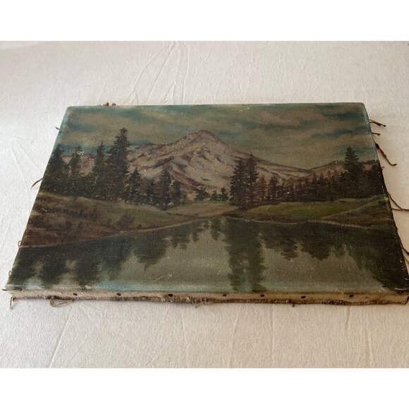 Vintage Distressed Charm Moody Mountain Landscape Oil Painting on Canvas 12"x16" - Picture 8 of 15